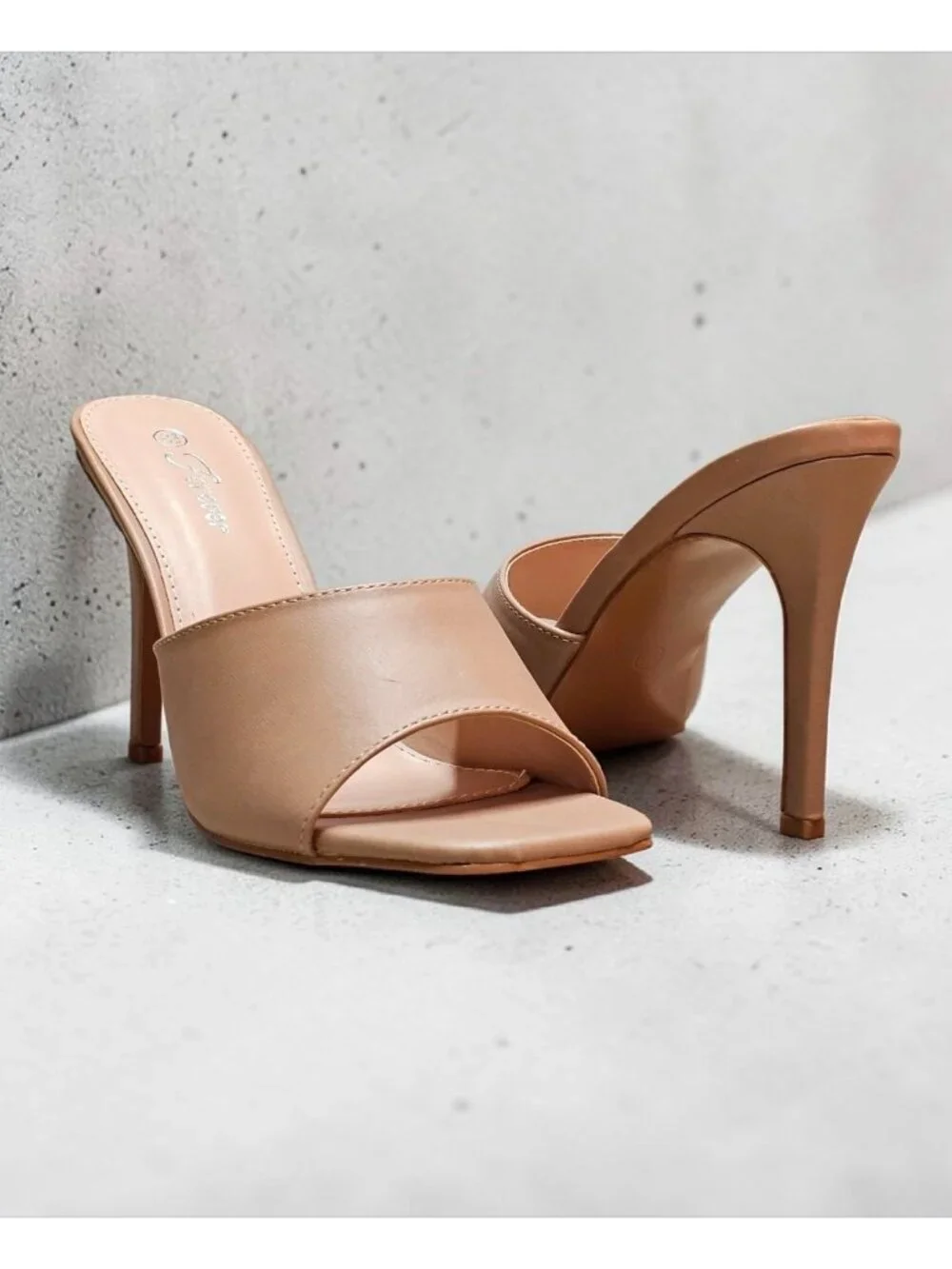 Open Toe Nude Stiletto Heels Faux Leather Slip-On Sandals Square-Toe Design Wome